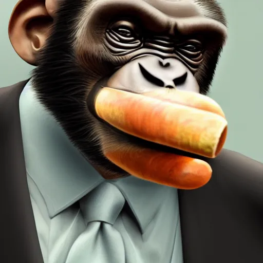 Image similar to a high detail photo of an antropomorphic chimp wearing a suit smoking a cigarrette, subject= chimp, subject detail: wearing a suit, subject action: smoking a cigar, photorealism, dramatic lighting, award winning photograph, trending on artstation