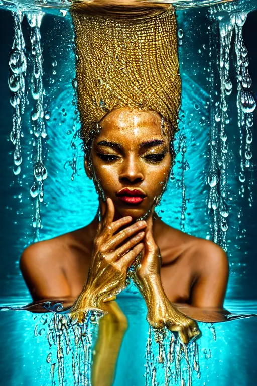 Prompt: hyperrealistic neo - pop cinematic super expressive! oshun goddess immersed in water!, mirror dripping droplet, gold ornate jewely, highly detailed face, digital art masterpiece, smooth eric zener cam de leon, dramatic pearlescent turquoise light on one side, low angle uhd 8 k, shallow depth of field