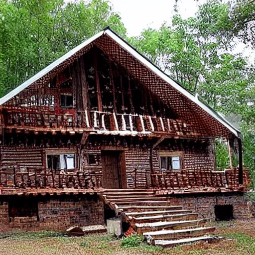 Image similar to house made of chainsaw parts drawn like a patent drawing