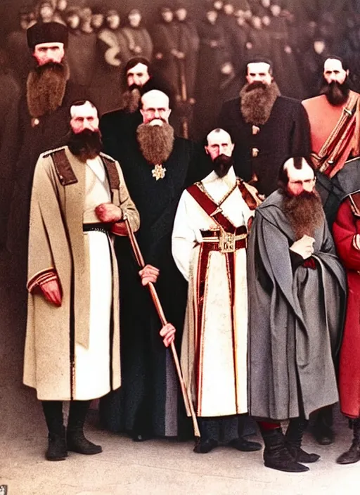 Image similar to a royal court gathering of tsar nicholas, rasputin, circa 1 9 1 4 but as a real life color photo