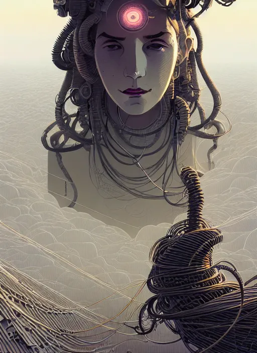 Prompt: highly detailed portrait of a robotic cyborg long curly white hair nomadic tribal lady, stray wiring by atey ghailan, james gilleard, by joe fenton, by greg rutkowski, by greg tocchini, by kaethe butcher, 4 k resolution, gradient yellow, black and white color scheme!!! ( ( robotic sandstorm robotic pyramid landscape background ) )