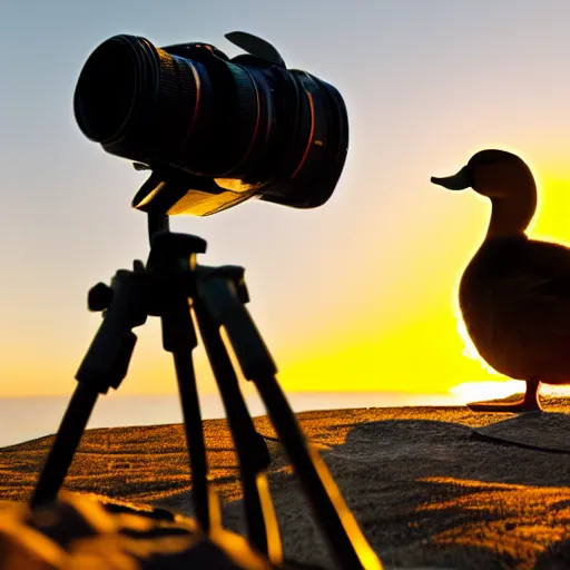 Prompt: a duck who's a photographer, duck is holding a camera, with sunset in the background