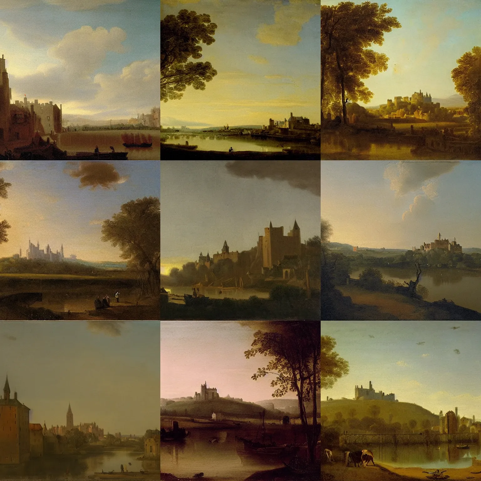 Prompt: a neoclassicistic painting of a landscape at dawn with a castle in the distance by Albert Cuyp
