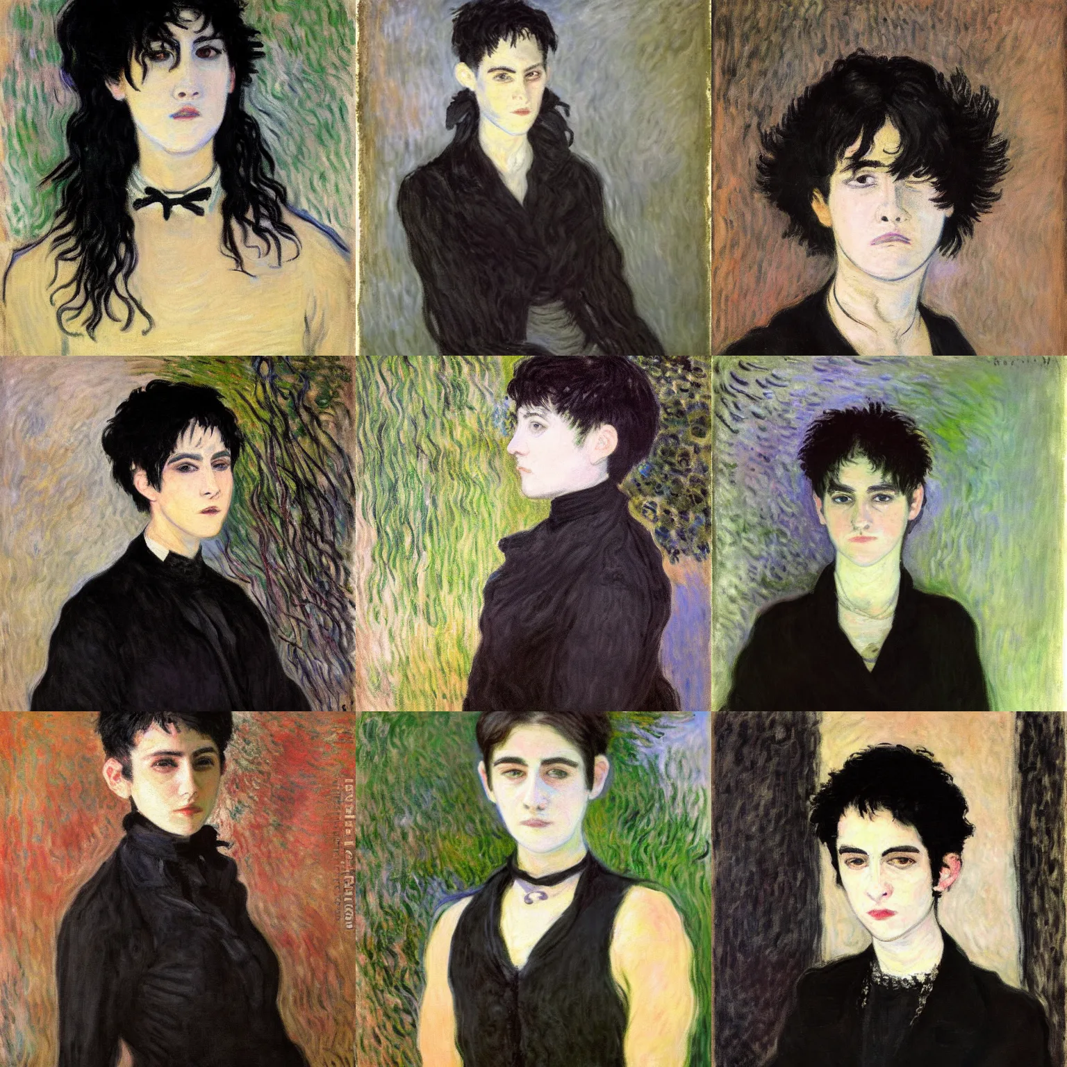 Prompt: a portrait of an androgynous emo woman painted by claude monet. her hair is dark brown and cut into a short, messy pixie cut. she has large entirely - black evil eyes. she is wearing a black tank top, a black leather jacket, a black knee - length skirt, a black choker, and black leather boots.