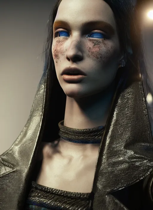 Prompt: close up of a fashion model on acid, posing in dramatic lighting, plastic clean ultra high definition, uplighting, cinematic, sheek unreal engine 5 ray tracing, by paolo roversi, masterpiece