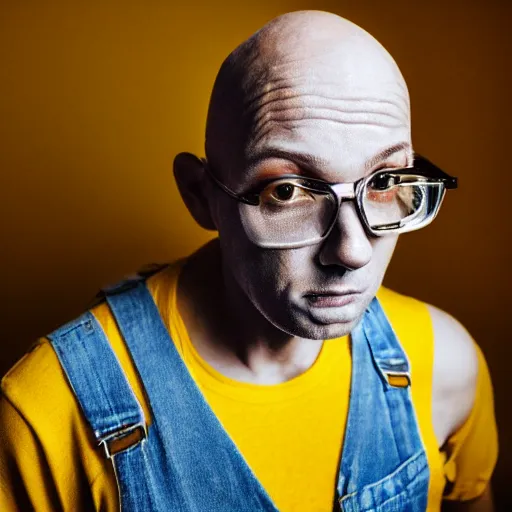 Image similar to portrait photo of a yellow - skinned bald wrinkly man with stubble and big eyes, he wears blue overalls no shirt, he looks like a human minion, moody cinematic lighting, realistic facial features, hyper detailed, crisp image, leica, 2 4 mm lens