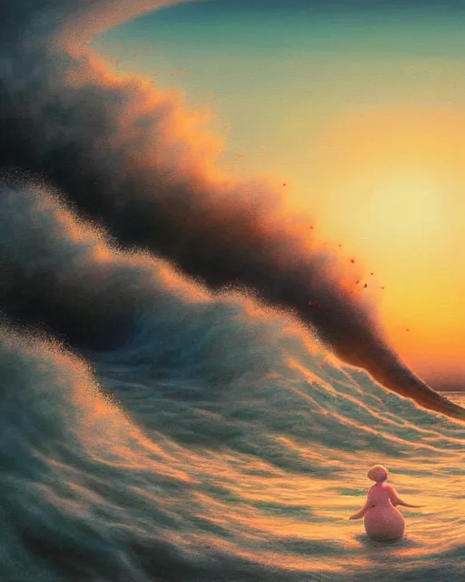 Image similar to big tsunami, shore, sunset, hyper realistic, artstation, illustration, nicoletta ceccoli, mark ryden, lostfish, dan decarlo, bob clampett, max fleischer, digital paint, matte paint, vivid colors, detailed and intricate environment