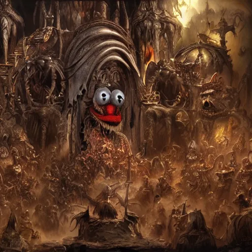 Prompt: muppets king of hell hell with trumpeters, intricate detail, royo, vallejo, frazetta, giger, whealan, hd, unreal engine,