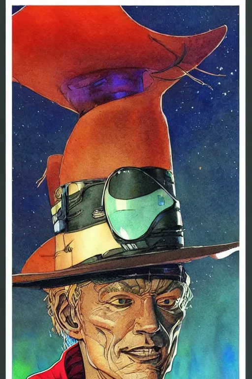 Image similar to portrait of fantasy emu rider with hat, scifi, art by jean giraud, moebius, juan gimenez, in watercolor gouache detailed paintings, in style of syd mead, colorful comics style, artstation