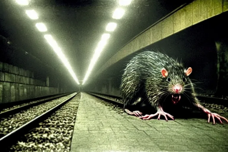 Image similar to very large giant mutant zombie irradiated ( angry rat ) staying on railways in tonnel of moscow subway. tonnel, railways, giant angry rat, furr, fangs, claws, very realistic. fog, extreme long shot, herman nitsch, giger.