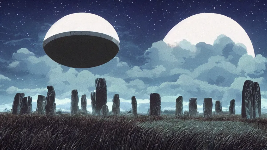 Prompt: a cell shaded cartoon movie still from princess mononoke ( 1 9 9 7 ) showing a giant ufo from independence day ( 1 9 9 6 ) over stonehenge. on a misty and starry night. very dull muted colors, hd, 4 k, hq