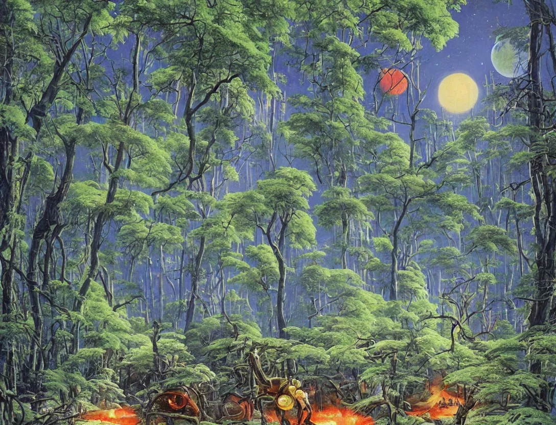 Image similar to a lush alien forest on a moon orbiting a gas giant!! by robert mccall