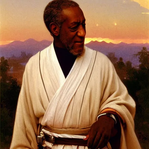Image similar to Painting of Bill Cosby as Obi-Wan Kenobi. Art by william adolphe bouguereau. During golden hour. Extremely detailed. Beautiful. 4K. Award winning.