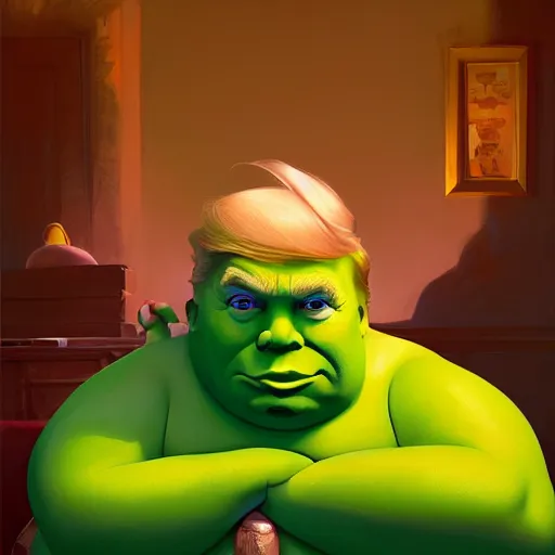 Image similar to donald trump as chubby shrek, loftis, cory behance hd by jesper ejsing, by rhads, makoto shinkai and lois van baarle, ilya kuvshinov, rossdraws global illumination