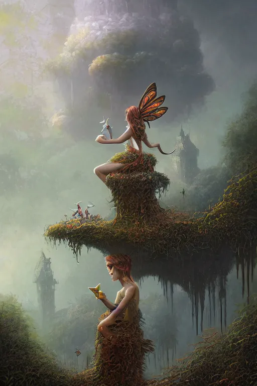 Image similar to wonderdream faeries lady digital art painting fantasy by hubert robert and lee madgwick and roger dean and jacek yerka, dan mumford and alex grey style, soft lighting, 4 k hd wallpaper illustration character design concept joy atmospheric lighting