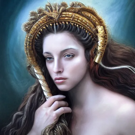 Prompt: Head and shoulders masterpiece portrait of the beautiful goddess Lana Rhoades as Medusa the greek goddess, she is looking straight to the camera, she has a glow coming from her, she is getting illuminated for rays of light, behind is a scary atmosphere, she is posing, the photo was taking by Annie Leibovitz, matte painting, oil painting, naturalism, 4k, 8k