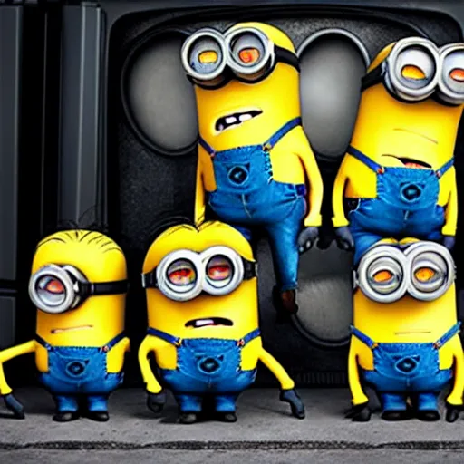 Image similar to photograph of several minions from despicable me being compacted by a trash compactor