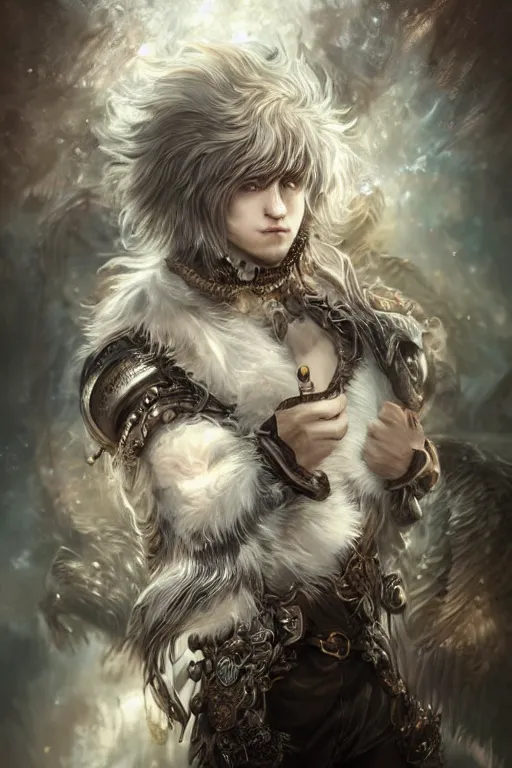 Image similar to beautiful full body portrait of a human - fluff hybrid male wizard, scaley!! white feathery skin, wearing ornaments and rings, by wlop and artgerm, steampunk fiction, detailed deep black eyes, silver background, trending, on artstation.