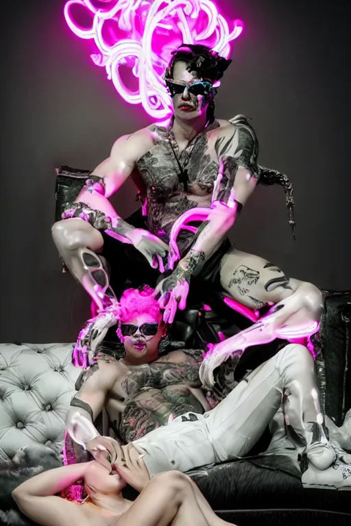 Prompt: full-body rococo and cyberpunk style neon statue of a muscular attractive Tanner Buchanan wearing cholo shades macho dotado e rico android sim roupa reclining con las piernas abertas e la piroca dura, ethereal white dripping tar, glowing orange lasers, pink tigers, glowing eyes, silver prince crown, black gears, pink diamonds, swirling mint-colored silk fabric. futuristic elements. full-length view. human skulls. large intricate artwork by caravaggio. Trending on artstation, octane render, cinematic lighting from the right, hyper realism, octane render, 8k, depth of field, 3D