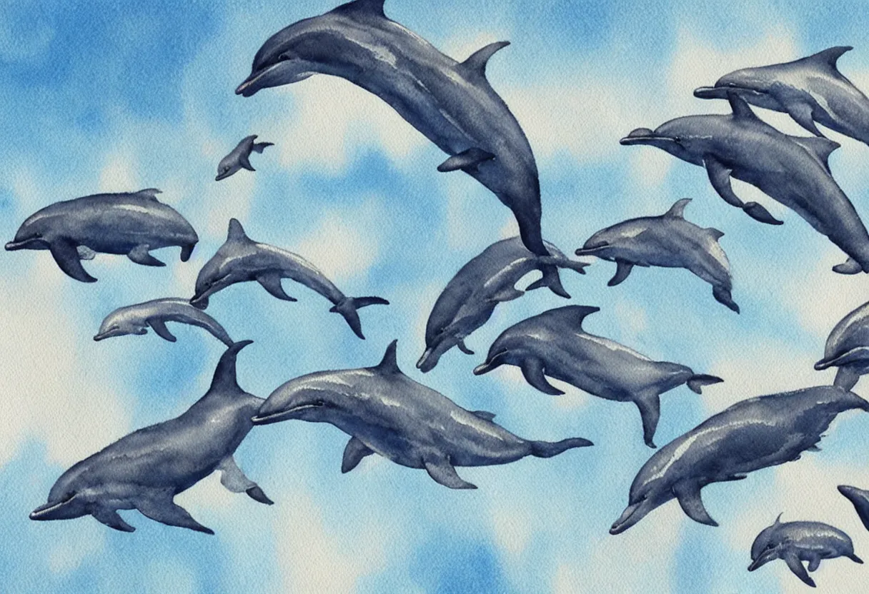 Prompt: close up on the mother of a family of dolphins flying through the sky together science fiction watercolor painting, highly detailed