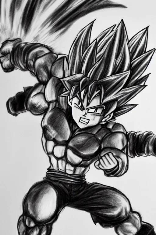 Image similar to a very detailed and hyper realistic charcoal drawing of goku fighting cell
