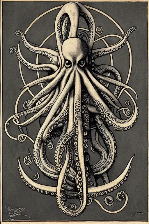 Image similar to occult diagram of octopus in the style of wayne barlowe, gustav moreau, goward,  Gaston Bussiere and roberto ferri, santiago caruso, denis forkas, jose gabriel alegria sabogal, composition by austin osman spare