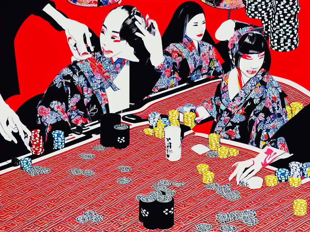 Image similar to hyperrealism composition of the detailed woman in a japanese kimono sitting at an extremely detailed poker table with darth vader, fireworks and folding screen on the background, pop - art style, jacky tsai style, andy warhol style, acrylic on canvas