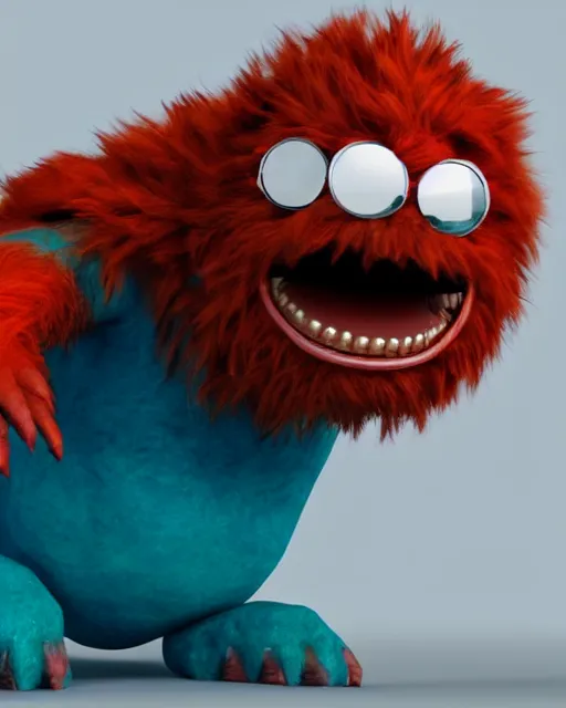 Image similar to 3 d render of completely red hairy friendly antropomorphic cartoony creature wearing chrome shades, similar to jake sully, without nose, full body, simple, cute, white background, unreal engine 5, octane render, highly detailed hdr