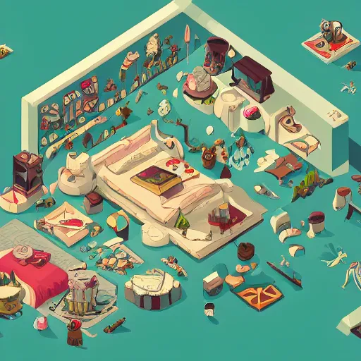 Prompt: a hyper detailed isometric aerial vector view of a fantasy bedroom by madmaraca, concept art, level design, highly detailed, 8k wallpaper, adventure time colour palette