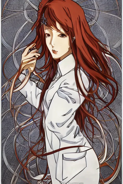 Image similar to Kurisu Makise in flowing lab coat tonemapped in the style of Ayami Kojima and Alphonse Mucha