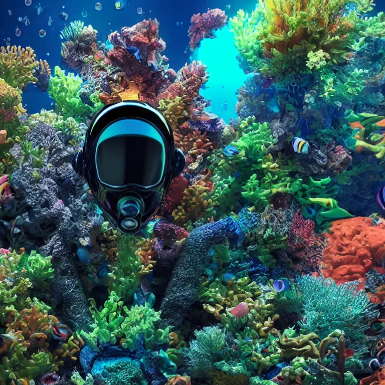 Prompt: octane render portrait by wayne barlow and carlo crivelli and glenn fabry, subject is a shiny reflective psychedelic colorful cybernetic android black ops scuba diver with small dim lights inside helmet, surrounded by bubbles inside an exotic alien coral reef aquarium full of exotic fish and sharks, cinema 4 d, ray traced lighting, very short depth of field, bokeh