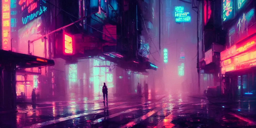 Image similar to beautiful painting by jeremy mann, cyberpunk street, neon signs, still from enter the void movie, pastel hypercolor scheme, oil painting, perfect composition, detailed octane render trending on artstation, misty, ominous, 8 k artistic photography, volumetric cinematic perfect light, wlop, alena aenami, greg rutkowski