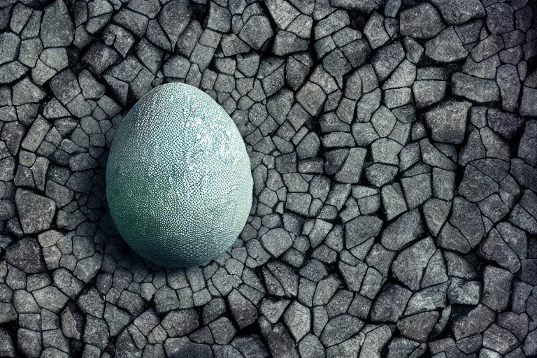 Image similar to a scaly dragon egg made from opalescent coal and molten lava, on a carved stone floor against a forest background photorealistic, dlsr, octane render, 8 k, cinematic lighting