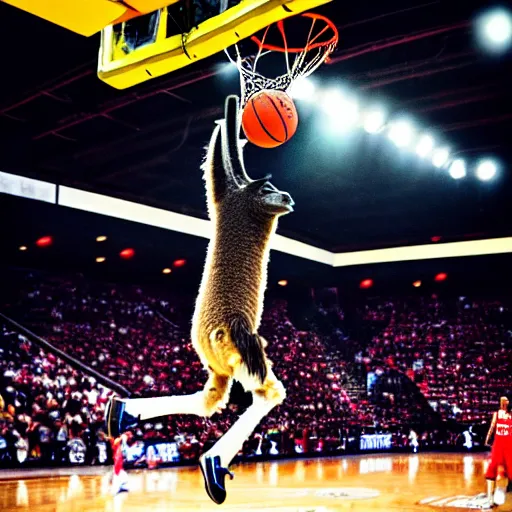 Image similar to a photo of a llama dunking a basketball, 4 k, photography, high resolution