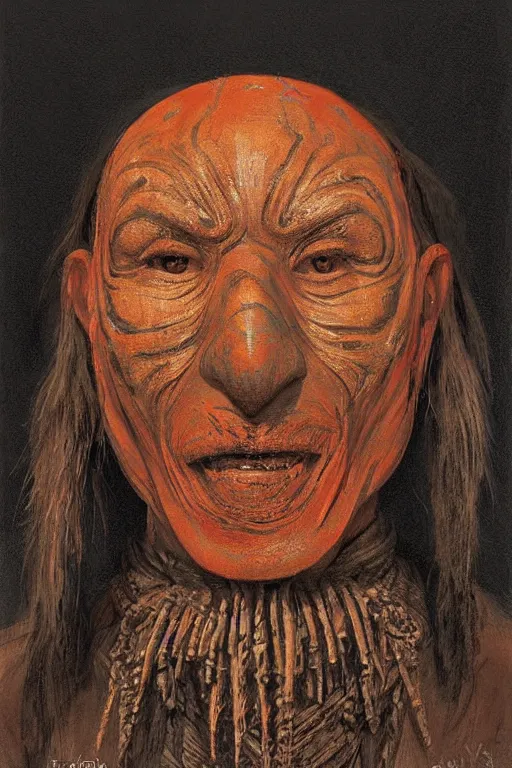 Prompt: portrait, headshot, digital painting, an old shaman in slavic wooden orange - painted ritual mask, realistic, hyperdetailed, chiaroscuro, concept art, art by frans hals
