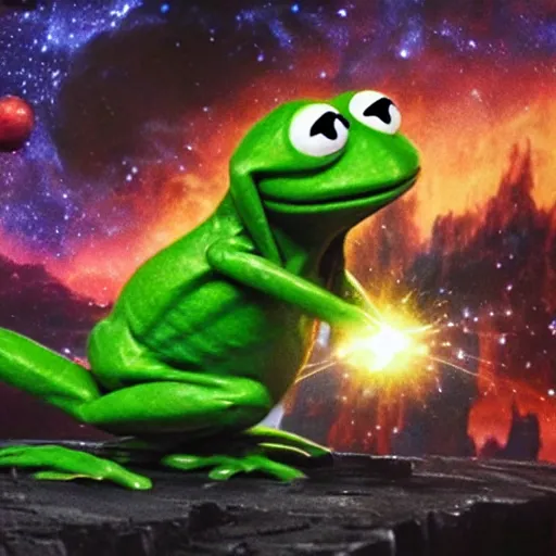 Image similar to the avengers battle one kermit the frog in space, galaxy, hd, 8 k, explosions, gunfire, lasers, giant, epic, showdown, colorful, realistic photo, unreal engine, stars, prophecy, epic oil painting, powerful, diffused lighting, destroyed planet, debris, justice league, movie poster, violent, sinister, ray tracing, dynamic, print