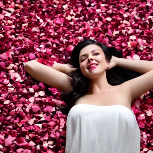 Prompt: a pretty woman lying in a bed that's covered in rose petals,