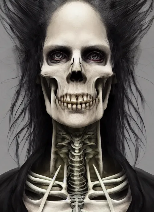 Prompt: masterpiece portrait of a gothic shaman with skeleton robe, au naturel, hyper detailed, digital art, trending in artstation, cinematic lighting, studio quality, smooth render, unreal engine 5 rendered, octane rendered, art style by klimt and nixeu and ian sprigger and wlop and krenz cushart and kim jung gi and greg rutkowski