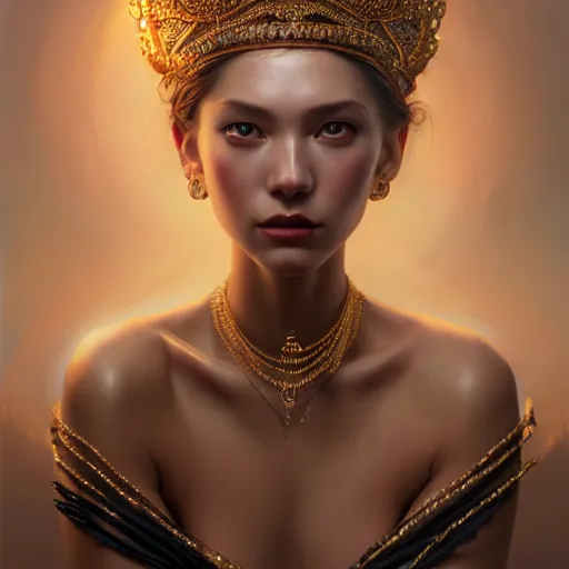 Prompt: expressive oil painting, of alluring scandinavian princess, smooth glowing skin, oiled body, pretty eyes, love, adoration, ornate headpiece of black beads, tattoo, glamour shot, by yoshitaka amano, by greg rutkowski, by jeremyg lipkinng, by artgerm, digital art, octane render