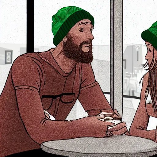 Image similar to hot girls sitting at starbucks being drawn by creepy guy in beanie, 8 k resolution, cinematic lighting, anatomically correct