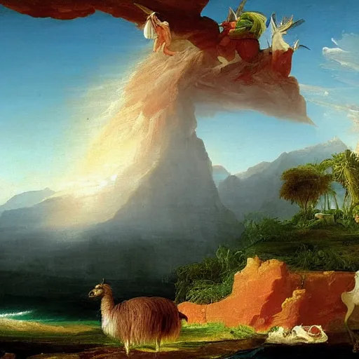 Image similar to oil painting by thomas cole of the voyage of life but with a llama.