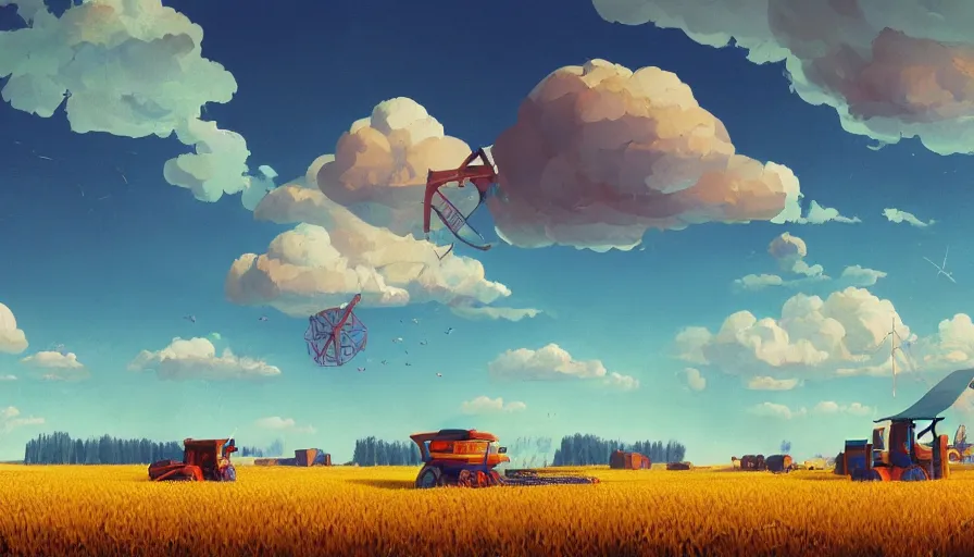 Image similar to hexagon in the sky, wheat field, harvesting machine, big tree, matte painting, art station, blue sky, simon stalenhag