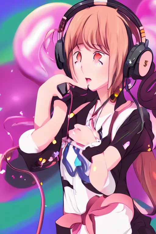 Image similar to an anime catgirl listening to music on headphones, candy pastel, backlighting, trending on pixiv