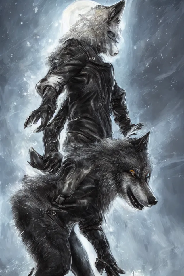 Image similar to A wolf with a small head wearing a leather jacket and leather jeans and leather gloves, trending on FurAffinity, energetic, dynamic, digital art, highly detailed, FurAffinity, high quality, digital fantasy art, FurAffinity, favorite, character art