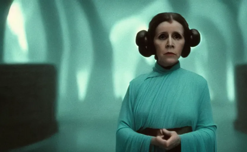 Prompt: screenshot portrait of Princess Leia alone in a teal Temple scene from the last jedi, 1980s film by Stanley Kubrick, 4k serene, iconic , photoreal portrait Carrie fischer, detailed face, moody lighting stunning cinematography, hyper detailed, sharp, anamorphic lenses, kodak color film