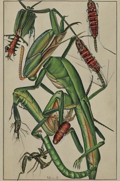 Image similar to praying mantis, by maria sibylla merian