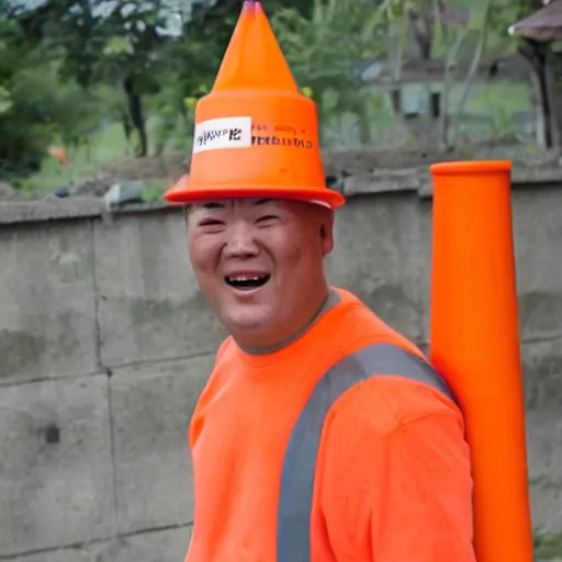 Image similar to man with traffic cone for head showering in rice