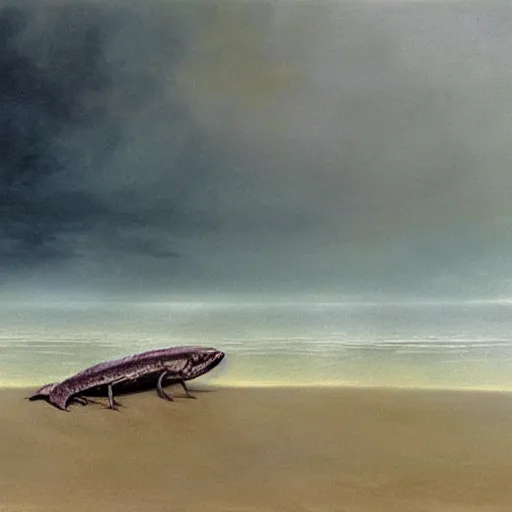 Prompt: decaying salmon on the beach, spiders, by beksinski, 4 k, ultra realistic, highly detailed.