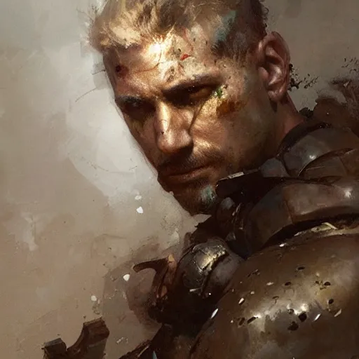 Image similar to Portrait painting of a warrior by greg rutkowski and Craig Mullins, Dark atmospheric and cinematic lighting