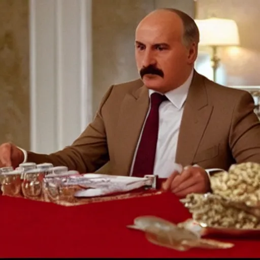 Prompt: Alexander Lukashenko in Scarface, cocaine on the table, belarusian flag in the background, cinematic still